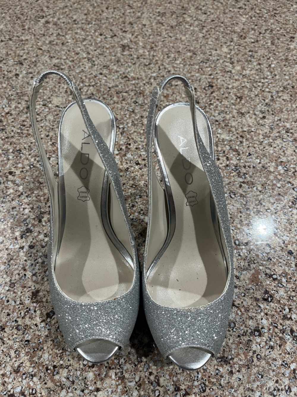 ALDO Silver Glitter Peep-Toe Slingback Heels